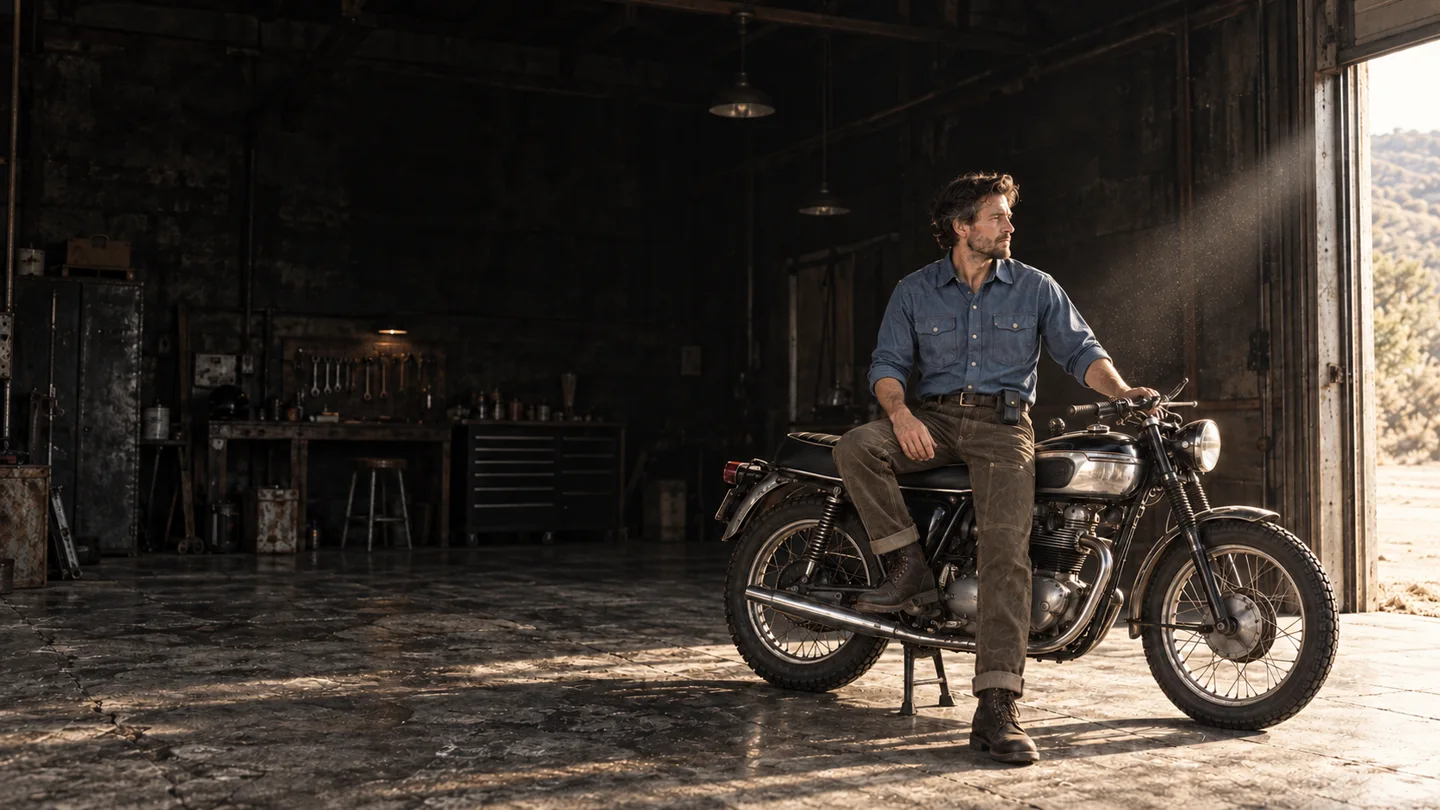 A rider in brown waxed canvas and washed denim seated on a parked vintage motorcycle in a garage.